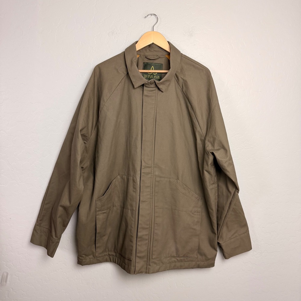 PrAna Mens XXL Khaki Brown Canvas Flannel Lined Full Zip Work Jacket Coat